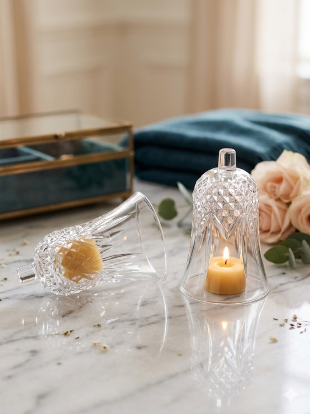 Vintage Home Interiors Clear Textured Glass Bell Candle Holders - Pair